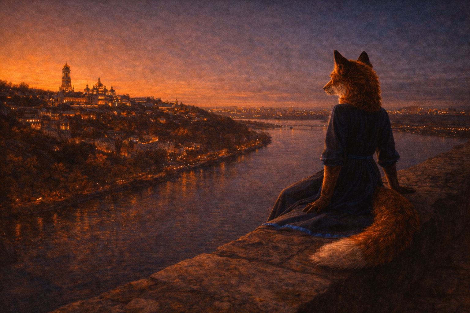 Twilight settling over Kyiv and the Dnipro — the threshold of a country's memory